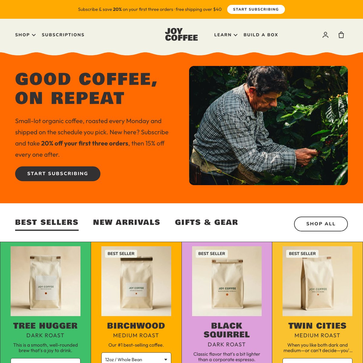 JOY COFFEE demo store homepage: a "Good coffee, on repeat" subscribe-and-save hero above best-selling coffee bags